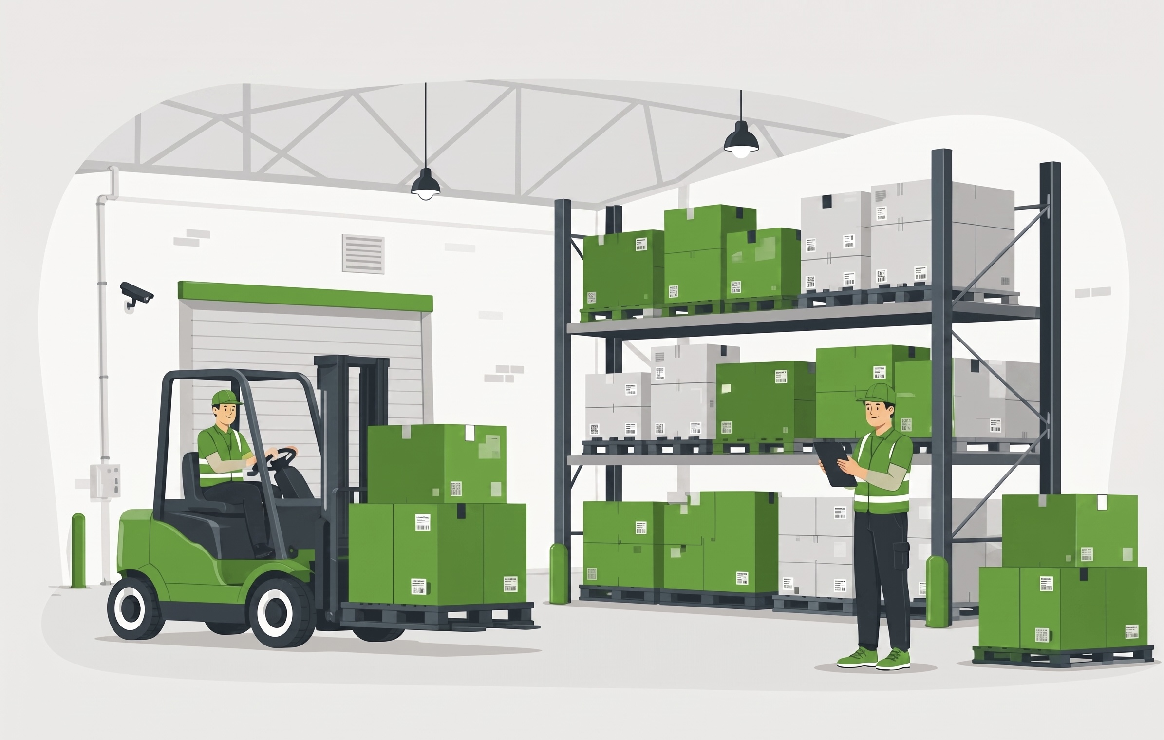 Illustration of Rays warehouse — forklift, shelving, inventory check, and loading dock